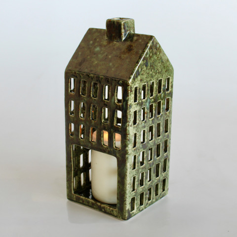 Large Dark Green Ceramic House Candle Holder